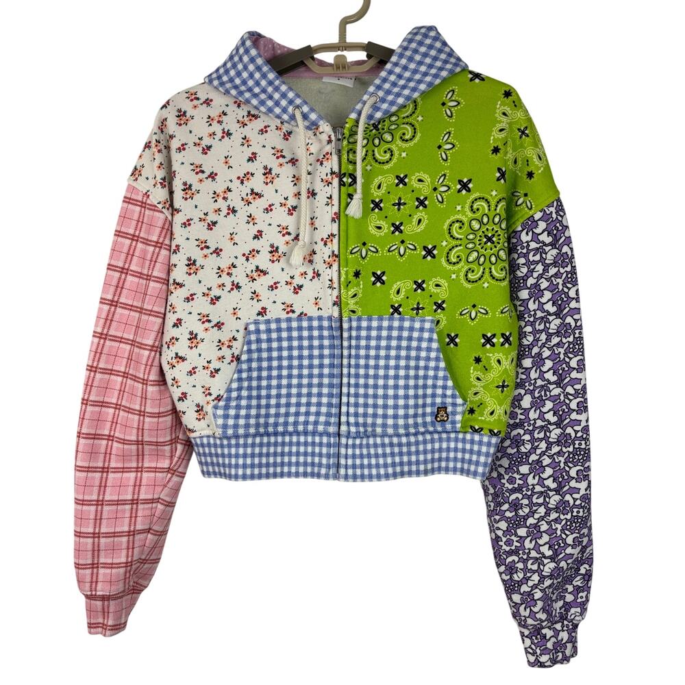 Teddy Fresh Cropped Full Zip Hoodie Small Patchwork bandana print